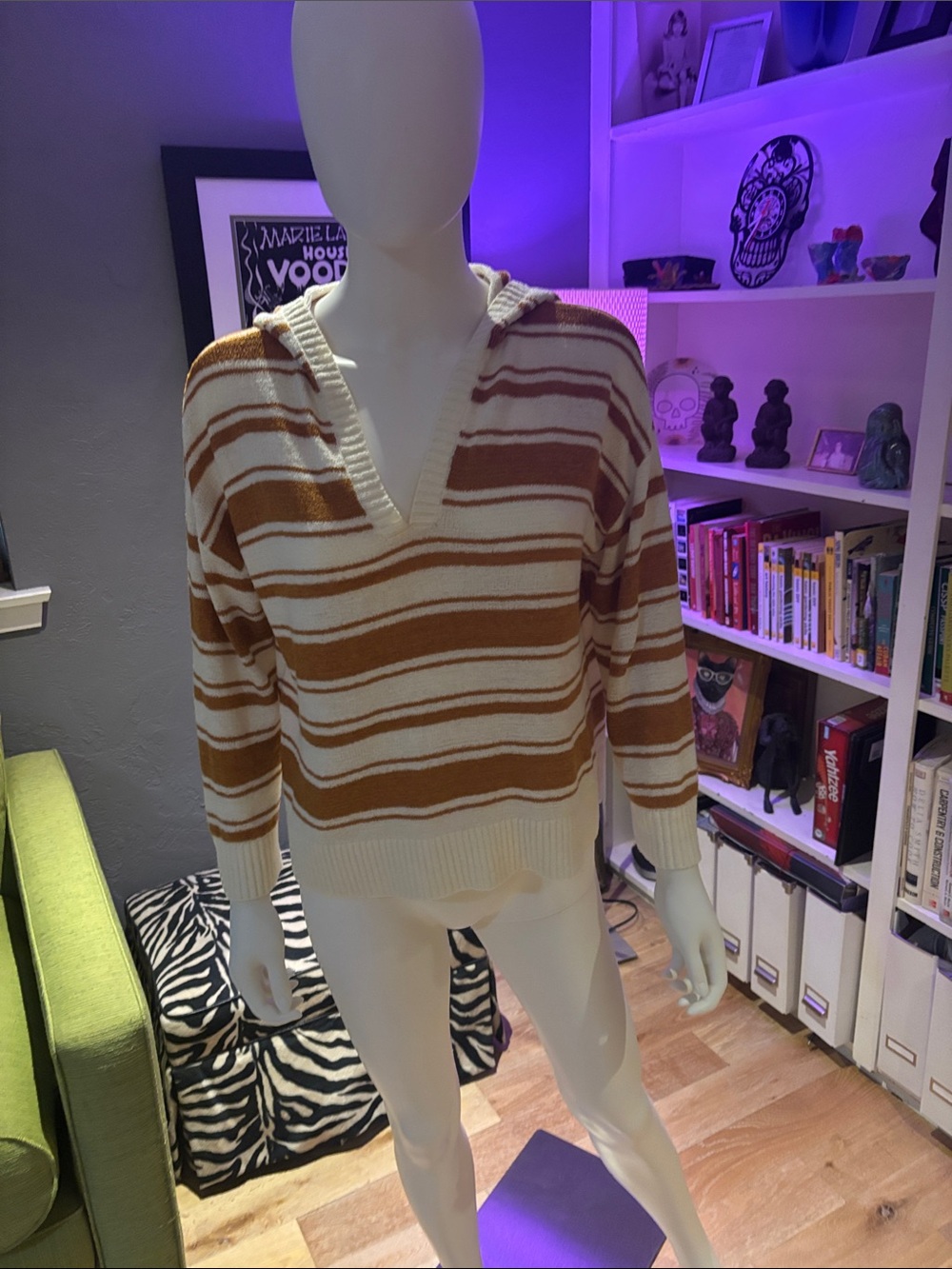 LOFT Cream and Brown Striped V-Neck Hooded Sweater